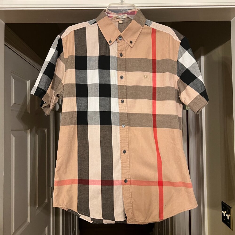 Men's Burberry Nova Check Plaid Short Sleeve Button Down Slim Fit Size LARGE